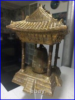 Vintage Oriental Solid Brass Gong Bell Prayer Pagoda Temple with Brass Hammer