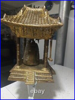 Vintage Oriental Solid Brass Gong Bell Prayer Pagoda Temple with Brass Hammer