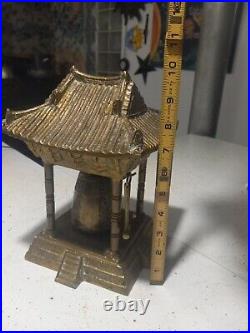 Vintage Oriental Solid Brass Gong Bell Prayer Pagoda Temple with Brass Hammer