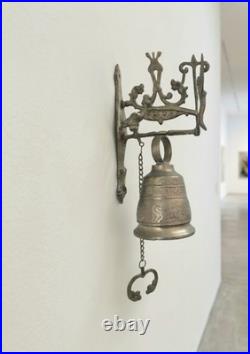 Vintage Ornate Brass Monastery Bell Wall Bracket Winged Angel Latin Dragon Chain