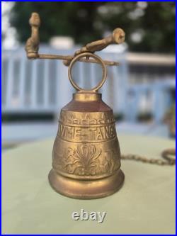 Vintage Ornate Brass Monastery Bell Wall Bracket Winged Angel Latin Dragon Chain