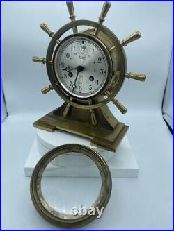 Vintage SALEM BROOKS BROTHERS SHIPS BELL BRASS CLOCK WITH CHIMES 8 Day