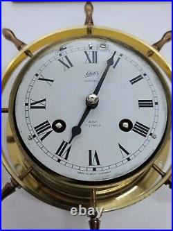 Vintage SCHATZ'Ships Bell' Marine Maritime Brass Ship Wheel Desk Clock withStand