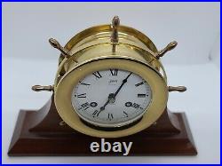 Vintage SCHATZ'Ships Bell' Marine Maritime Brass Ship Wheel Desk Clock withStand