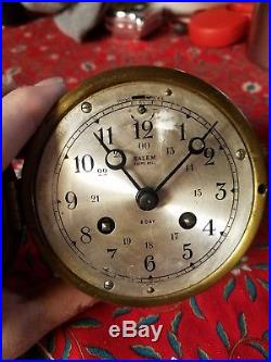 Vintage Salem Neptune Brass Ship Bell Clock Time Strike 8 Day German With Key