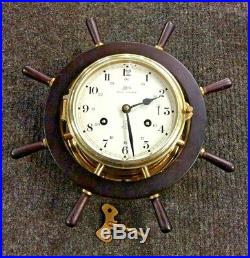 Vintage Schatz Royal Mariner 8 Day Ship Bell Brass Wall Clock Wood Wheel Germany