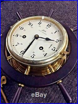 Vintage Schatz Royal Mariner 8 Day Ship Bell Brass Wall Clock Wood Wheel Germany