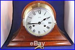 Vintage Schatz Ship's Bell 8 Day Brass Clock Wood Mantle Display & Key Serviced