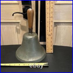 Vintage School Teacher Bell 11 Wood Hand Handle, 8 Dia Heavy Brass Clapper