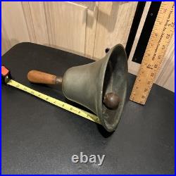 Vintage School Teacher Bell 11 Wood Hand Handle, 8 Dia Heavy Brass Clapper