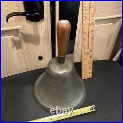 Vintage School Teacher Bell 11 Wood Hand Handle, 8 Dia Heavy Brass Clapper