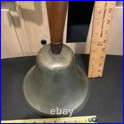 Vintage School Teacher Bell 11 Wood Hand Handle, 8 Dia Heavy Brass Clapper