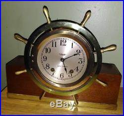 Vintage Seth Thomas Mayflower 3 Brass Ships Wheel Bell Clock 5001 Wood & Brass