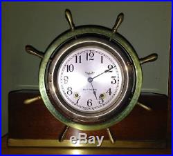Vintage Seth Thomas Mayflower 3 Brass Ships Wheel Bell Clock 5001 Wood & Brass