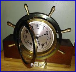 Vintage Seth Thomas Mayflower 3 Brass Ships Wheel Bell Clock 5001 Wood & Brass