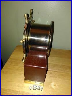 Vintage Seth Thomas Mayflower 3 Brass Ships Wheel Bell Clock 5001 Wood & Brass