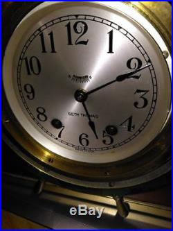 Vintage Seth Thomas Mayflower 3 Brass Ships Wheel Bell Clock 5001 Wood & Brass
