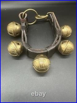 Vintage Solid Brass Sleigh Bells On Rustic Heavy Leather StrapFarmhouse Mantle