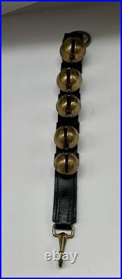 Vintage Solid Brass Sleigh Bells On Rustic Heavy Leather StrapFarmhouse Mantle