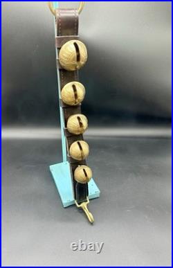 Vintage Solid Brass Sleigh Bells On Rustic Heavy Leather StrapFarmhouse Mantle