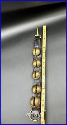 Vintage Solid Brass Sleigh Bells On Rustic Heavy Leather StrapFarmhouse Mantle