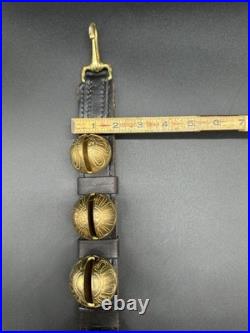 Vintage Solid Brass Sleigh Bells On Rustic Heavy Leather StrapFarmhouse Mantle