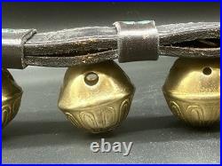 Vintage Solid Brass Sleigh Bells On Rustic Heavy Leather StrapFarmhouse Mantle