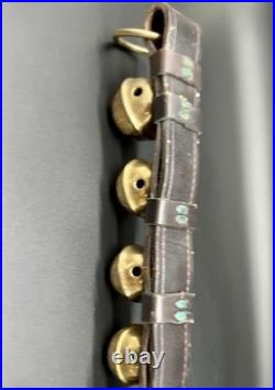 Vintage Solid Brass Sleigh Bells On Rustic Heavy Leather StrapFarmhouse Mantle