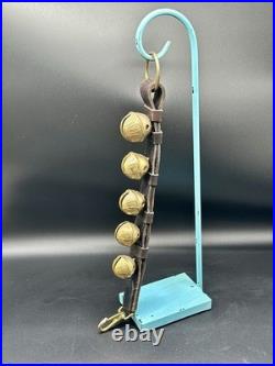 Vintage Solid Brass Sleigh Bells On Rustic Heavy Leather StrapFarmhouse Mantle