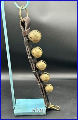 Vintage Solid Brass Sleigh Bells On Rustic Heavy Leather StrapFarmhouse Mantle