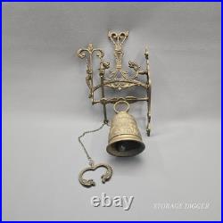 Vintage Solid Brass Wall Mounted Dinner Bell 14.5 Tall, Ornate Bracket, Chain