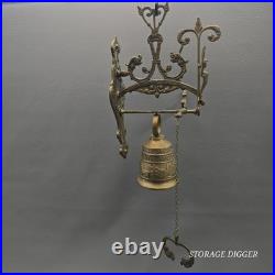 Vintage Solid Brass Wall Mounted Dinner Bell 14.5 Tall, Ornate Bracket, Chain