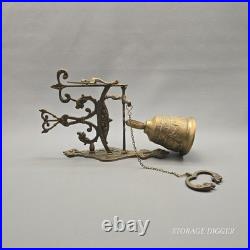 Vintage Solid Brass Wall Mounted Dinner Bell 14.5 Tall, Ornate Bracket, Chain