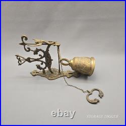 Vintage Solid Brass Wall Mounted Dinner Bell 14.5 Tall, Ornate Bracket, Chain
