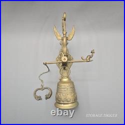 Vintage Solid Brass Wall Mounted Dinner Bell 14.5 Tall, Ornate Bracket, Chain