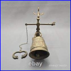 Vintage Solid Brass Wall Mounted Dinner Bell 14.5 Tall, Ornate Bracket, Chain