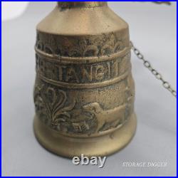Vintage Solid Brass Wall Mounted Dinner Bell 14.5 Tall, Ornate Bracket, Chain