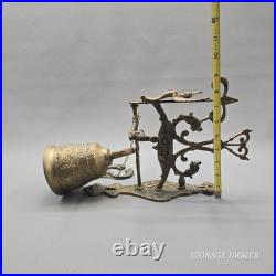 Vintage Solid Brass Wall Mounted Dinner Bell 14.5 Tall, Ornate Bracket, Chain