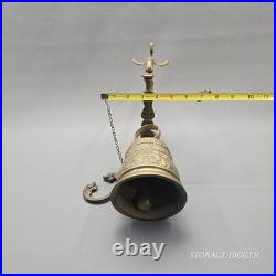 Vintage Solid Brass Wall Mounted Dinner Bell 14.5 Tall, Ornate Bracket, Chain