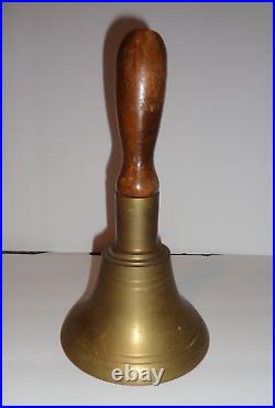 Vintage Solid Heavy Brass School Hand Bell Wooden Handle Loud Ring