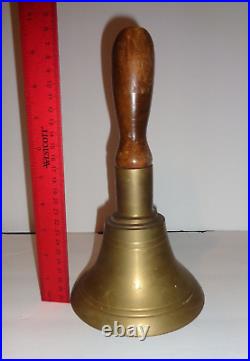 Vintage Solid Heavy Brass School Hand Bell Wooden Handle Loud Ring