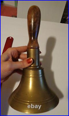 Vintage Solid Heavy Brass School Hand Bell Wooden Handle Loud Ring