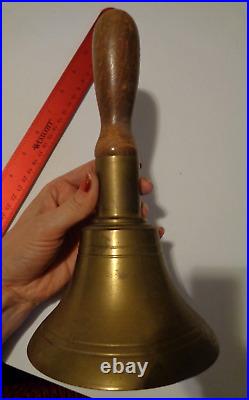 Vintage Solid Heavy Brass School Hand Bell Wooden Handle Loud Ring