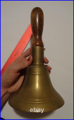 Vintage Solid Heavy Brass School Hand Bell Wooden Handle Loud Ring