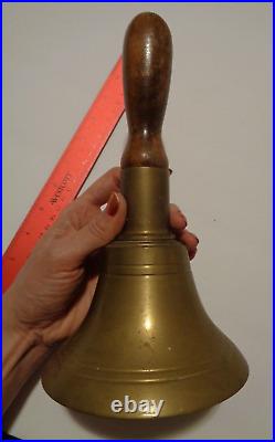 Vintage Solid Heavy Brass School Hand Bell Wooden Handle Loud Ring