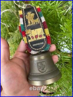 Vintage Swiss Brass Bell Cowbell Cow Leather Strap Fringe Goat Star Clover