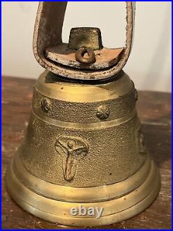 Vintage Swiss Bronze COW BELL Foundry Mark Leather Belt Antique