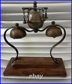 Vintage Three Bell Horse Saddle Carriage Chimes Bells On Wood Stand