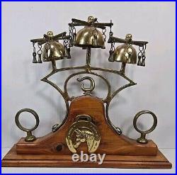 Vintage Three Bell Horse Saddle Christmas Sleigh Bells On Wood Stand Carriage