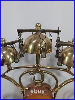 Vintage Three Bell Horse Saddle Christmas Sleigh Bells On Wood Stand Carriage
